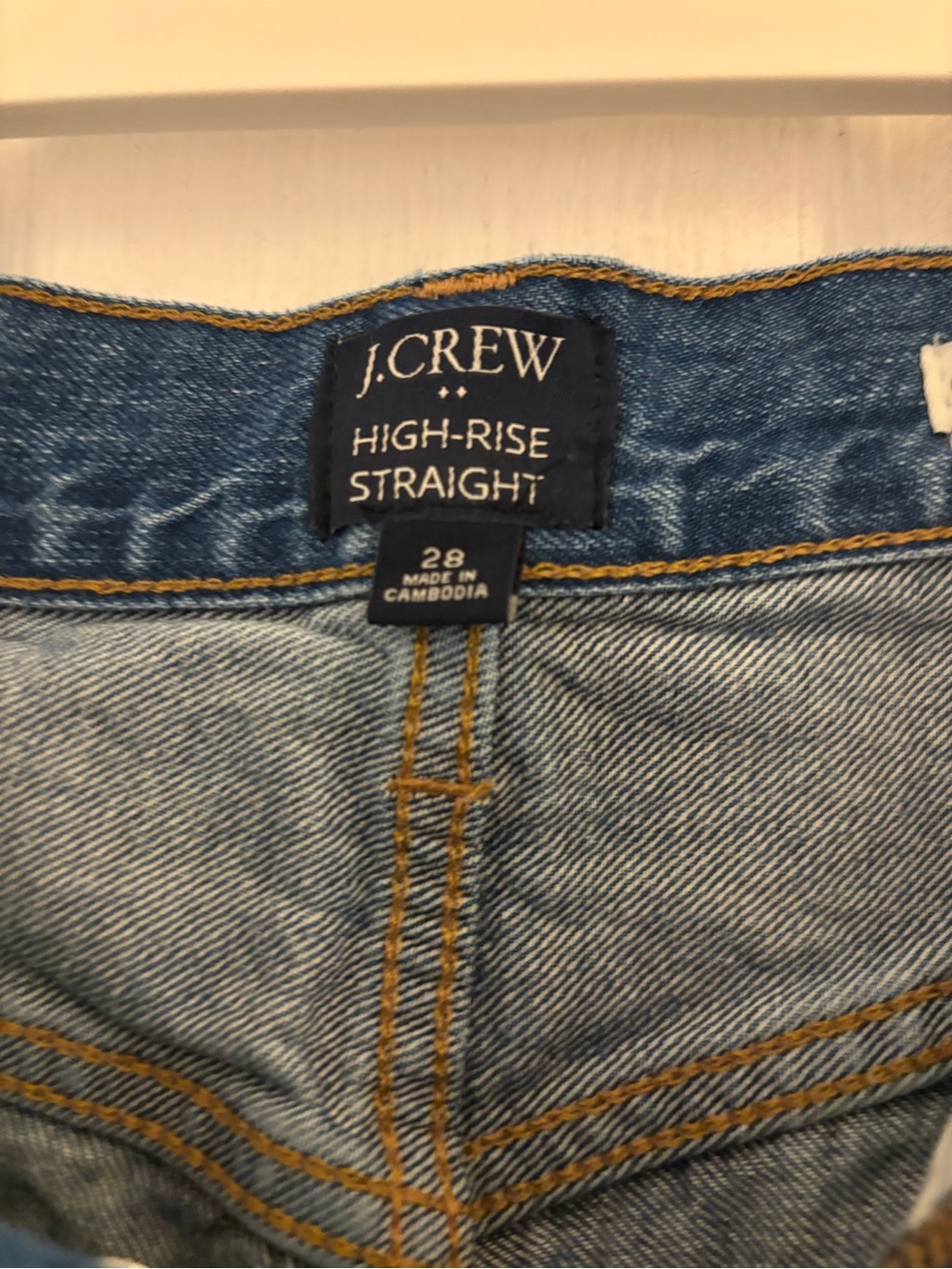 J. Crew High-Rise Straight Jeans in Light Blue with Gold Stitching